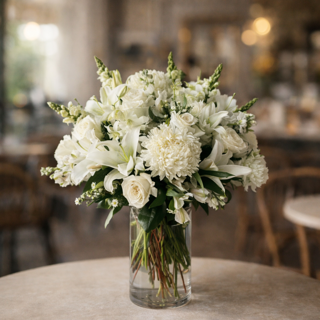 Ivory Elegance (White Lilies, White Roses, Chrysanthemums) | Flower Vase Arrangement