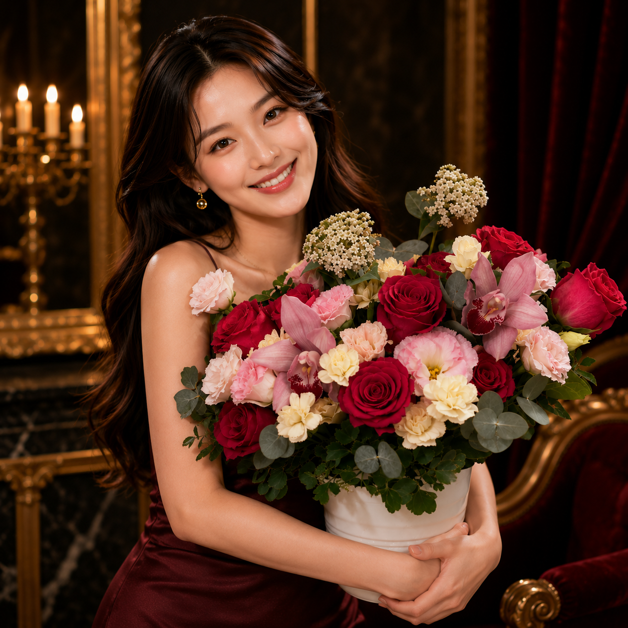 Mulberry Charm (Red Roses, Pink Lisianthus, Purple Orchids)  | Flower Vase Arrangement