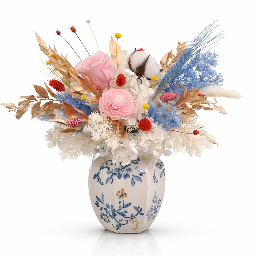 Cerulean Grace (Cotton, Mint Fern, Pink Roses) | Preserved Flower Bouquet