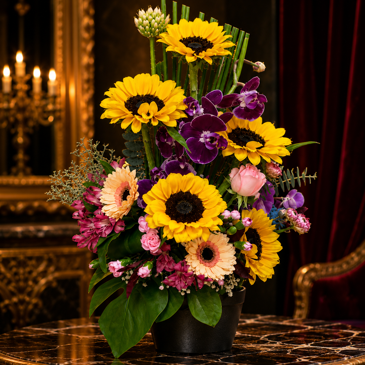 Golden Uplift (Sunflowers, Orchids) | Flowers in Vase