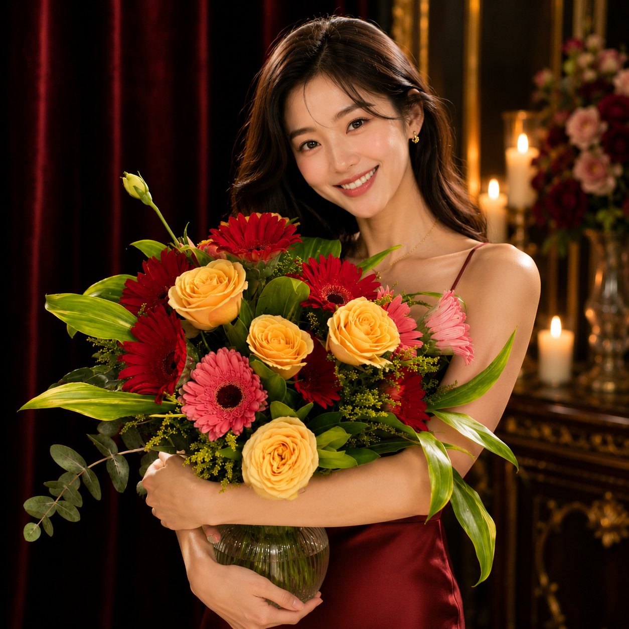 Amber Bloom Way (Red Gerberas, Orange Lisianthus) | Flowers in Vase