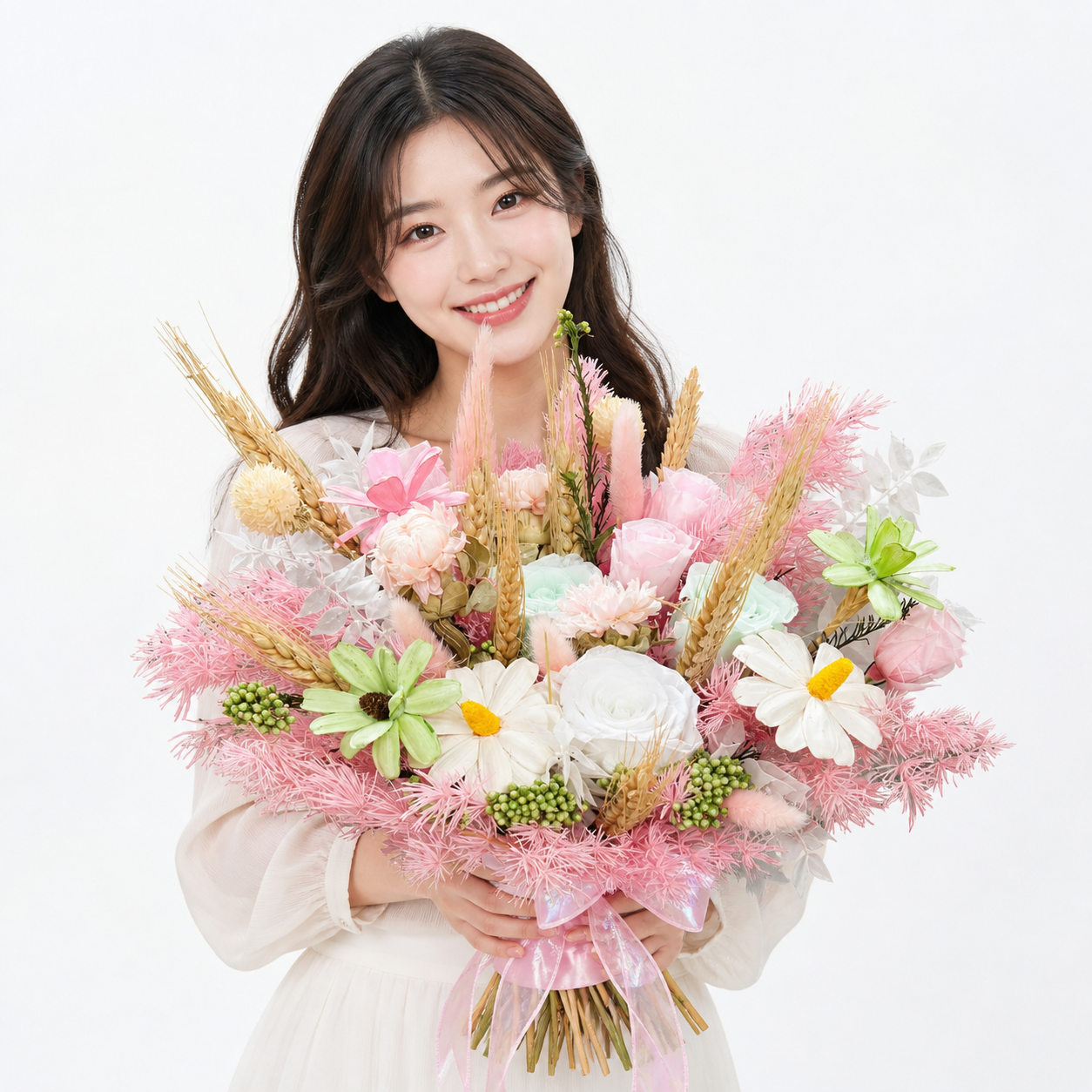 Pastel Rhapsody (Daisies, Wheat, Pink Roses) | Preserved Flower Bouquet