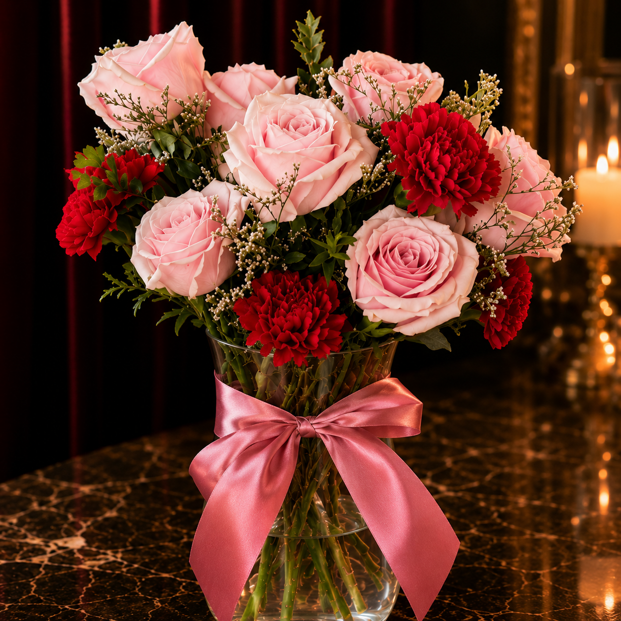Blissmoor Kiss (Pink Roses, Lavender, Red Carnations) | Flower Vase Arrangement