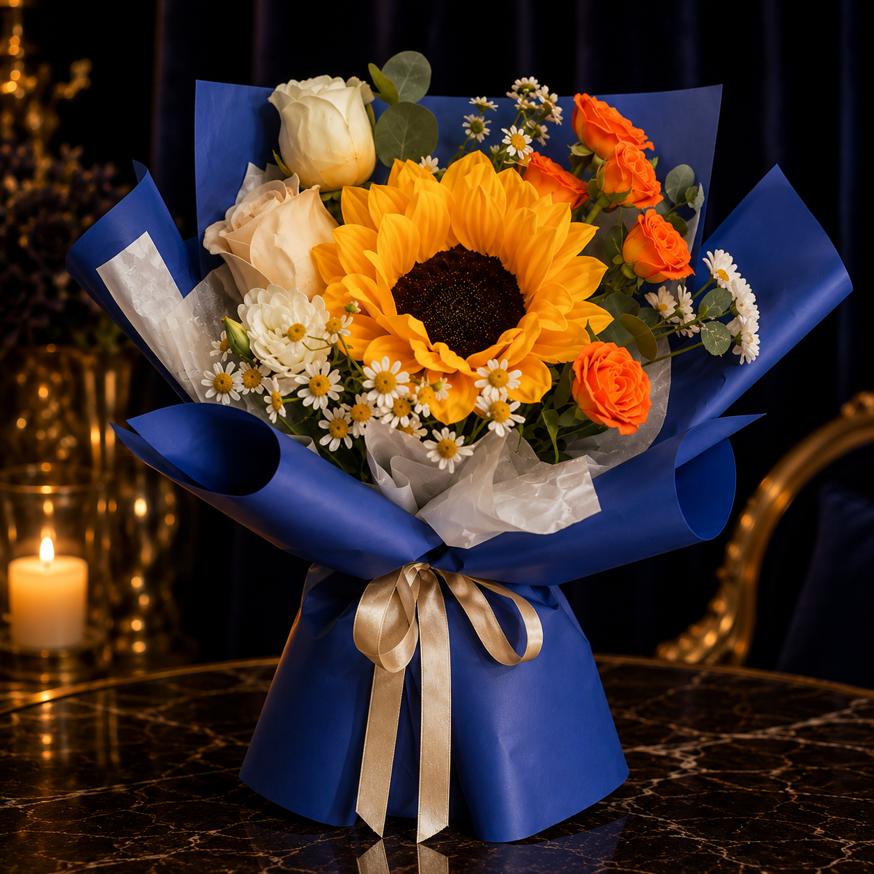 Azure Bloomlight (Sunflowers, Chamomile, Roses) | Flower Bouquet