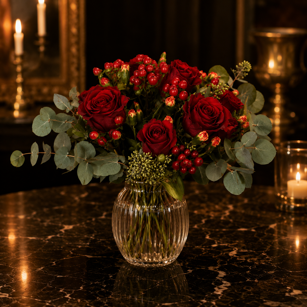 Crimson Ember (Roses, Hypericum Berries, Eucalyptus Leaves) | Flower Vase Arrangement
