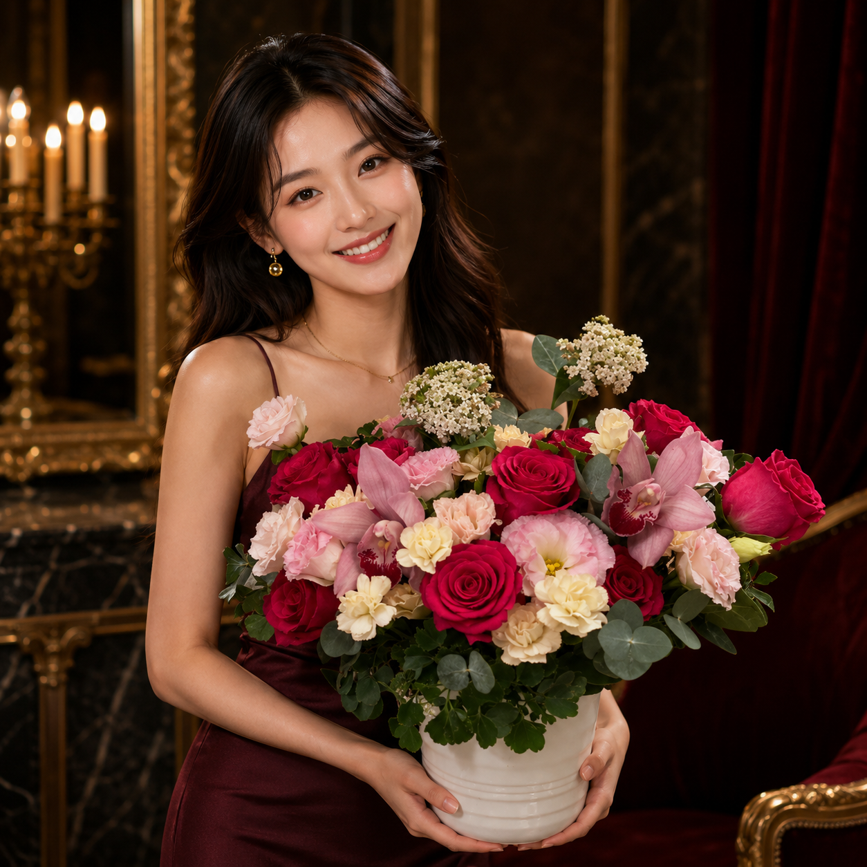 Mulberry Charm (Red Roses, Pink Lisianthus, Purple Orchids)  | Flower Vase Arrangement