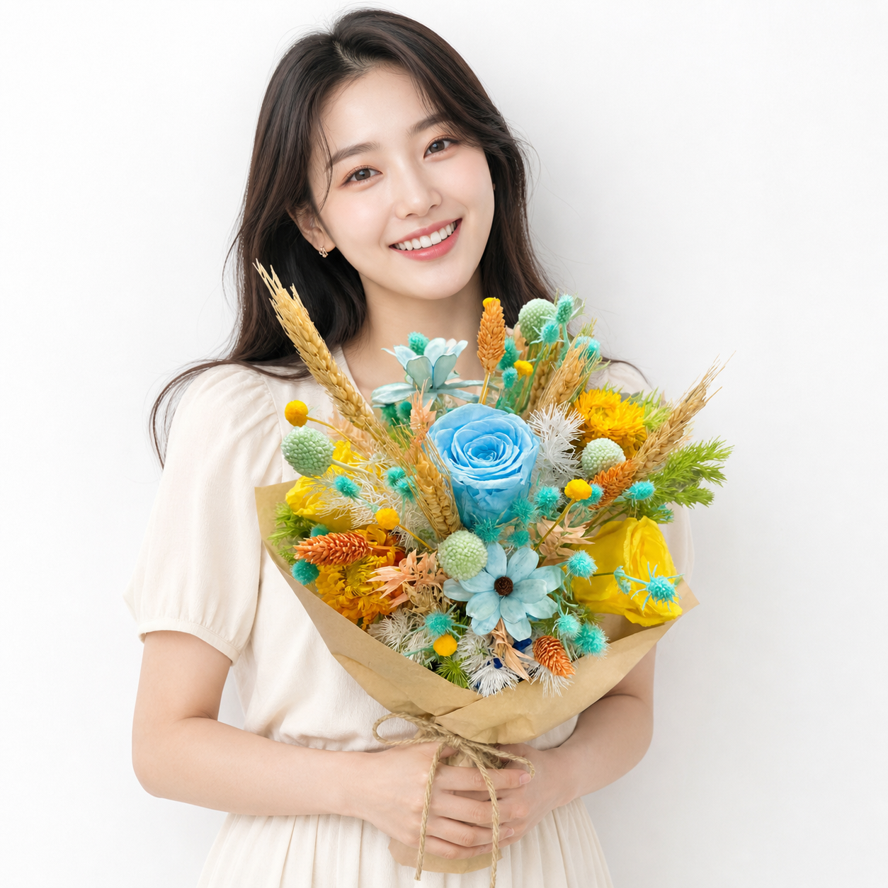 Coastal Harmony (Blue Roses, Wheat) | Preserved Flower Bouquet