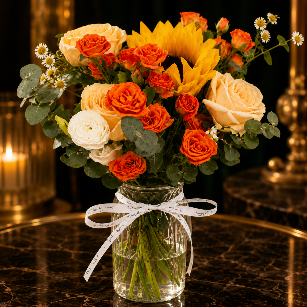 Golden Sunrise Bliss (Sunflowers, Roses, Ranunculus, Chamomile) | Vase Flower Arrangement