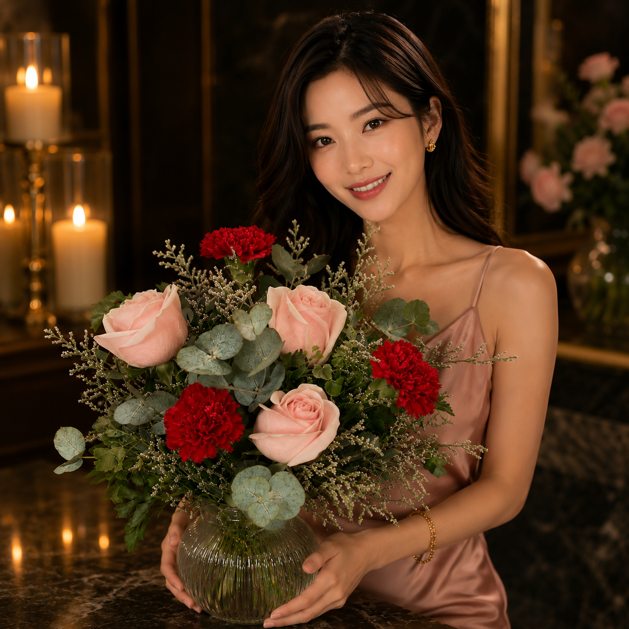 Blush Eclipse (Roses, Carnations, Lavender) | Flowers in Vase