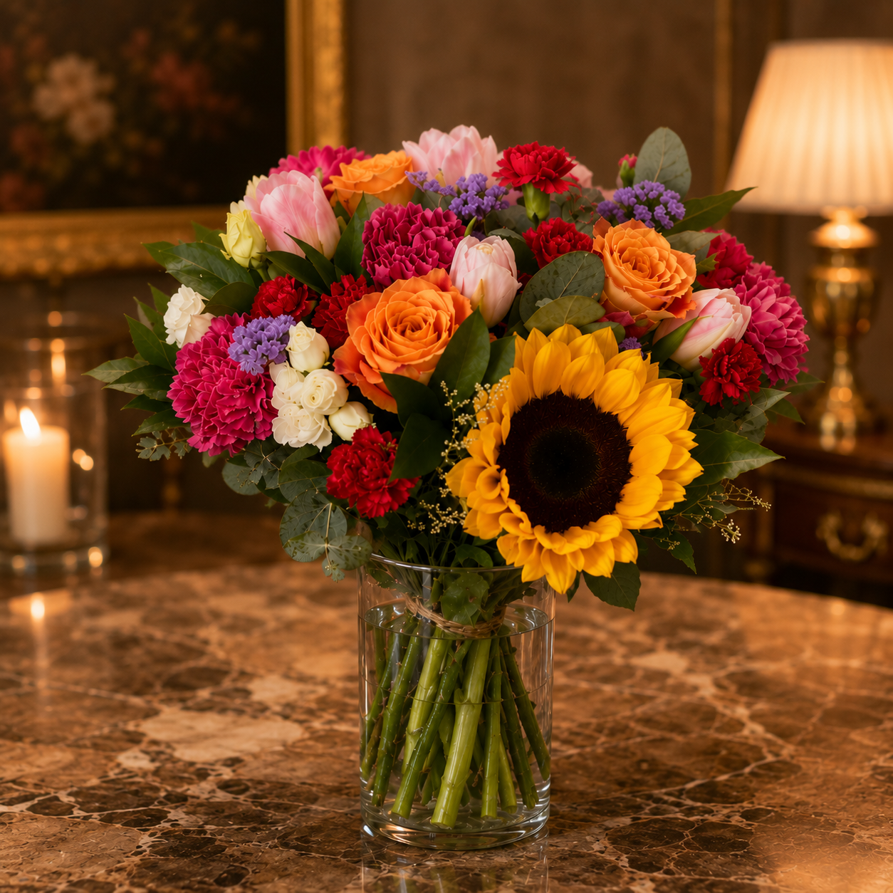 Golden Waltz (Sunflowers, Tulips, Roses, Carnations) | Vase Flower Arrangement