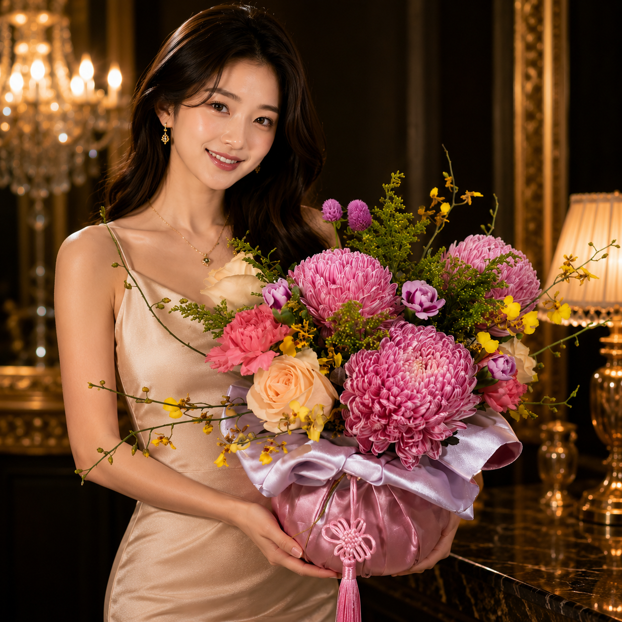 Silken Dawn (Chrysanthemums, Onicidiums, Roses) | Flower Vase Arrangement