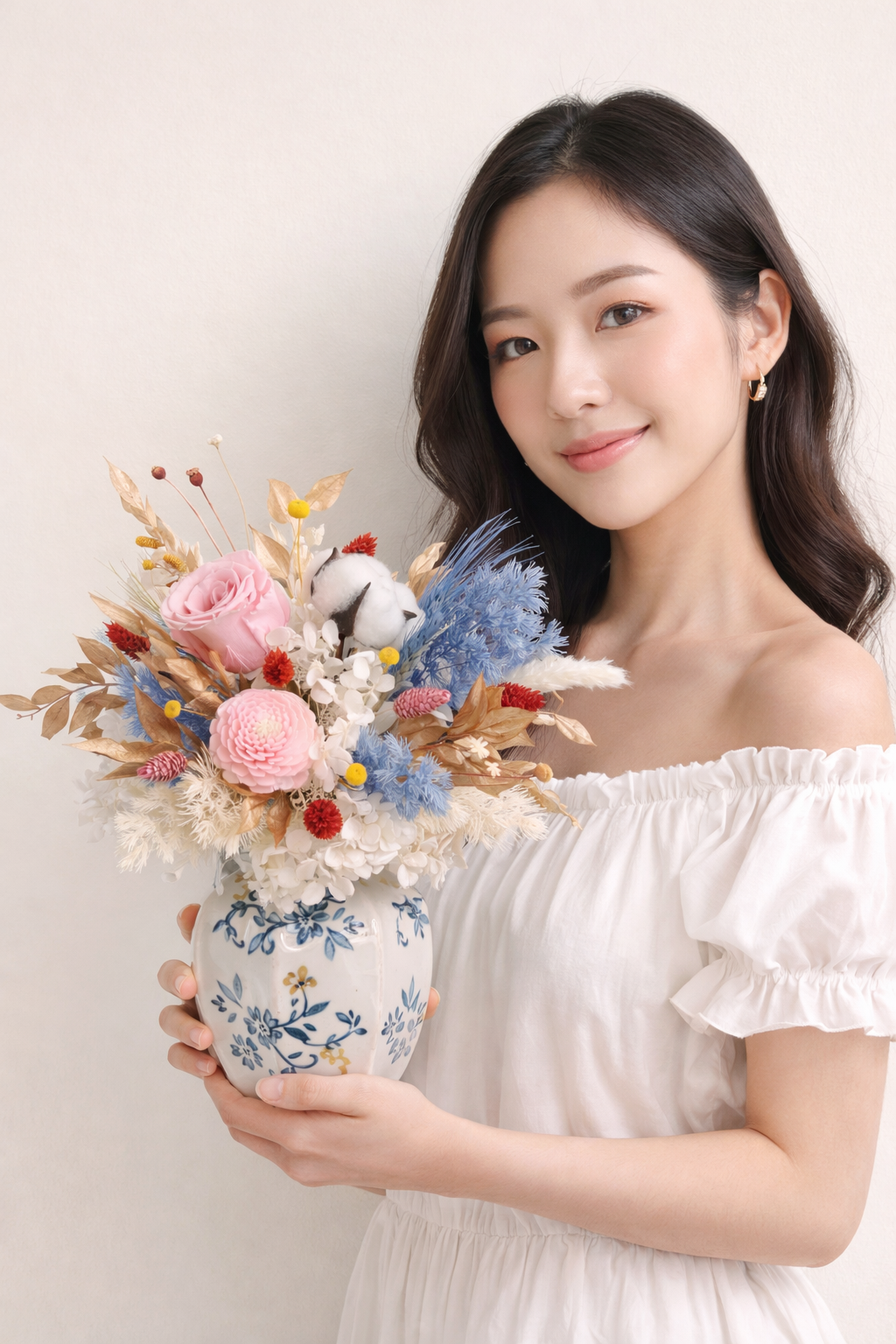 Cerulean Grace (Cotton, Mint Fern, Pink Roses) | Preserved Flower Bouquet