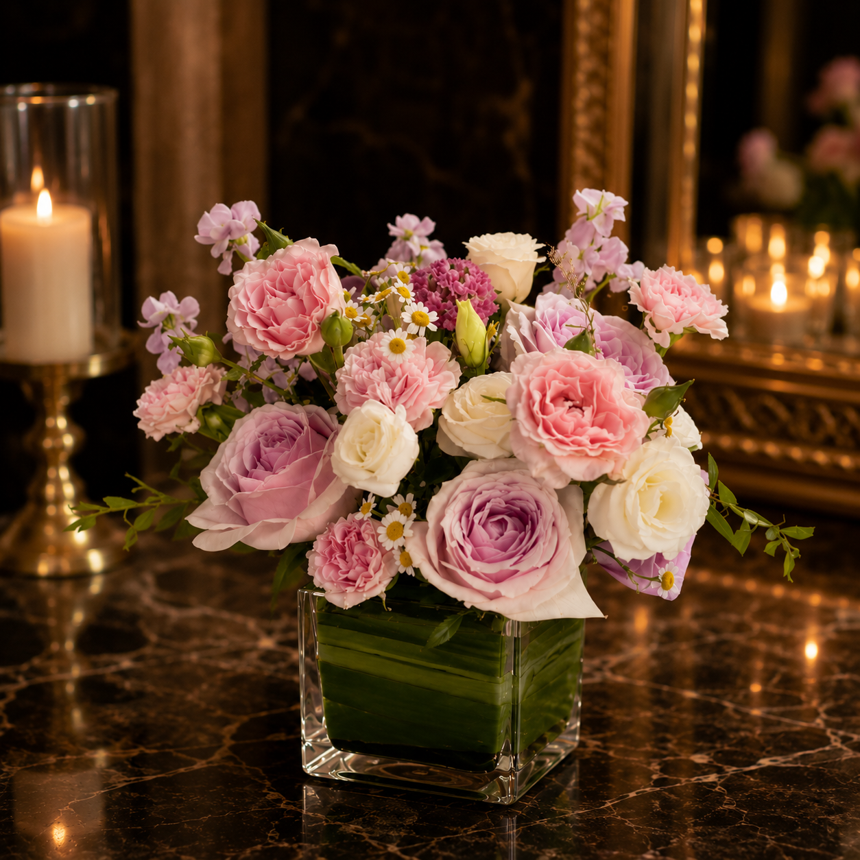 Blush Aura (Pink Roses, White Roses, Chamomile) | Flower Vase Arrangement