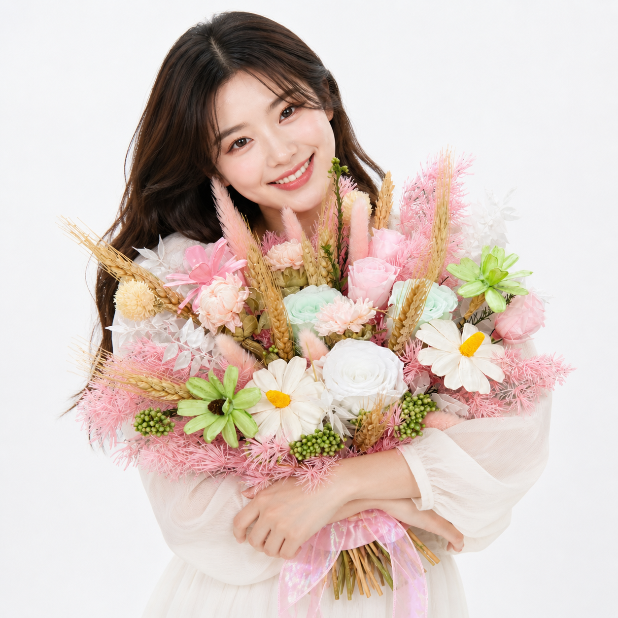 Pastel Rhapsody (Daisies, Wheat, Pink Roses) | Preserved Flower Bouquet