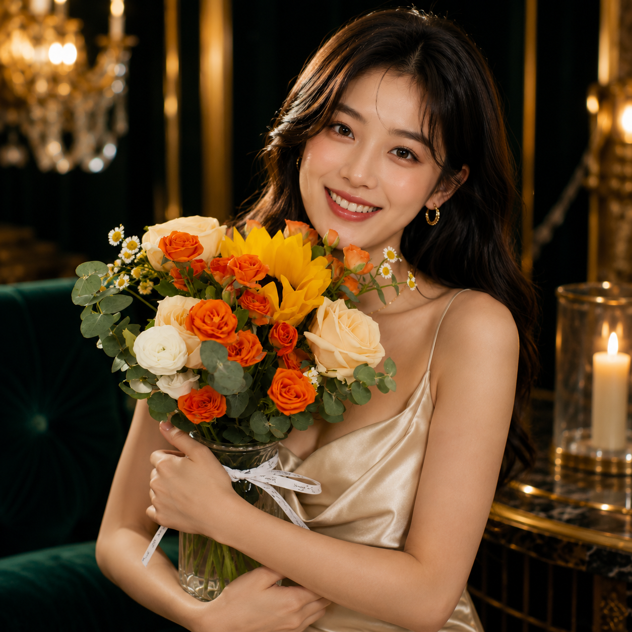 Golden Sunrise Bliss (Sunflowers, Roses, Ranunculus, Chamomile) | Vase Flower Arrangement