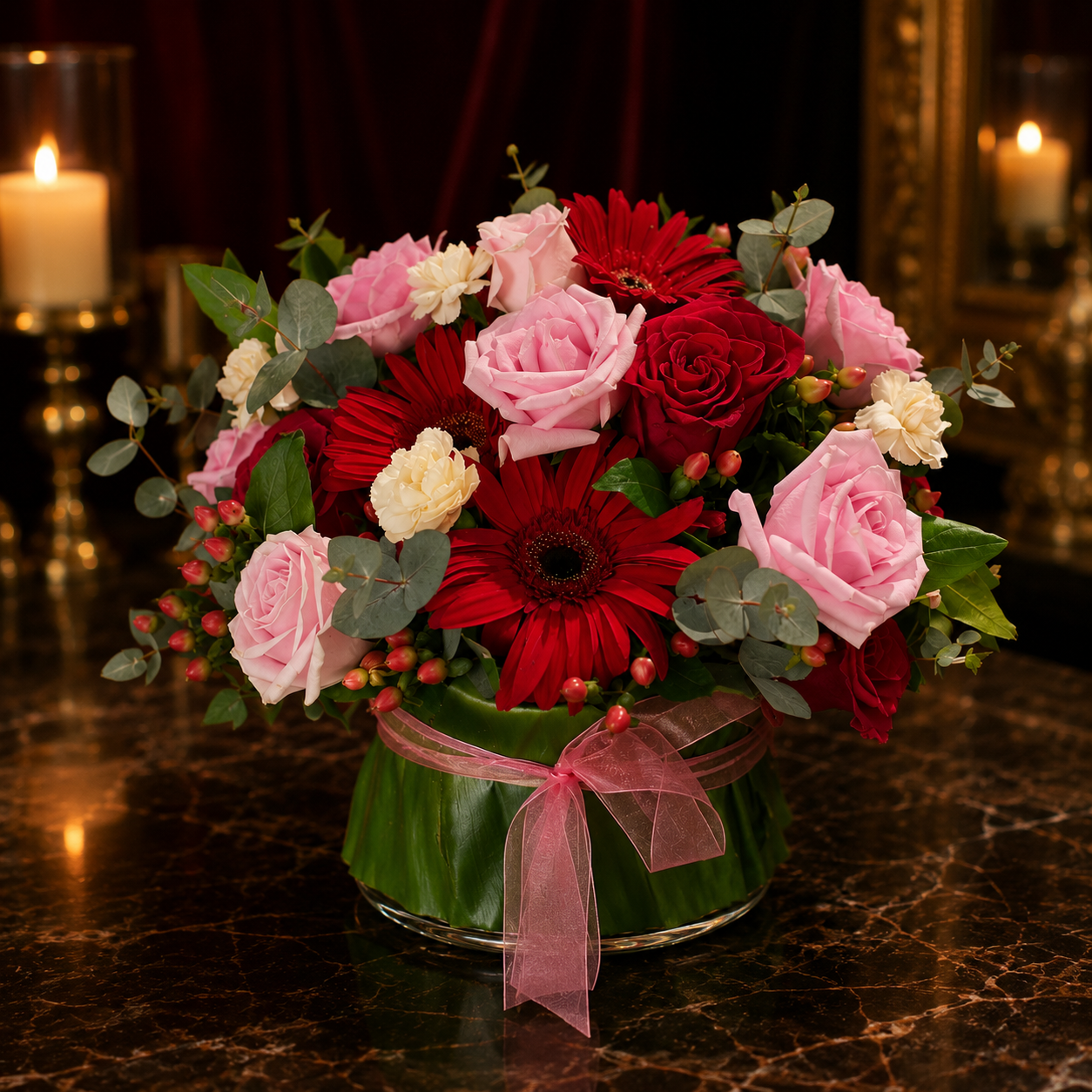 Cherry Glint (Red Gerberas, Pink Roses, Red Roses) | Flower Vase Arrangement