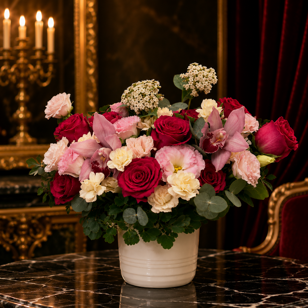Mulberry Charm (Red Roses, Pink Lisianthus, Purple Orchids)  | Flower Vase Arrangement