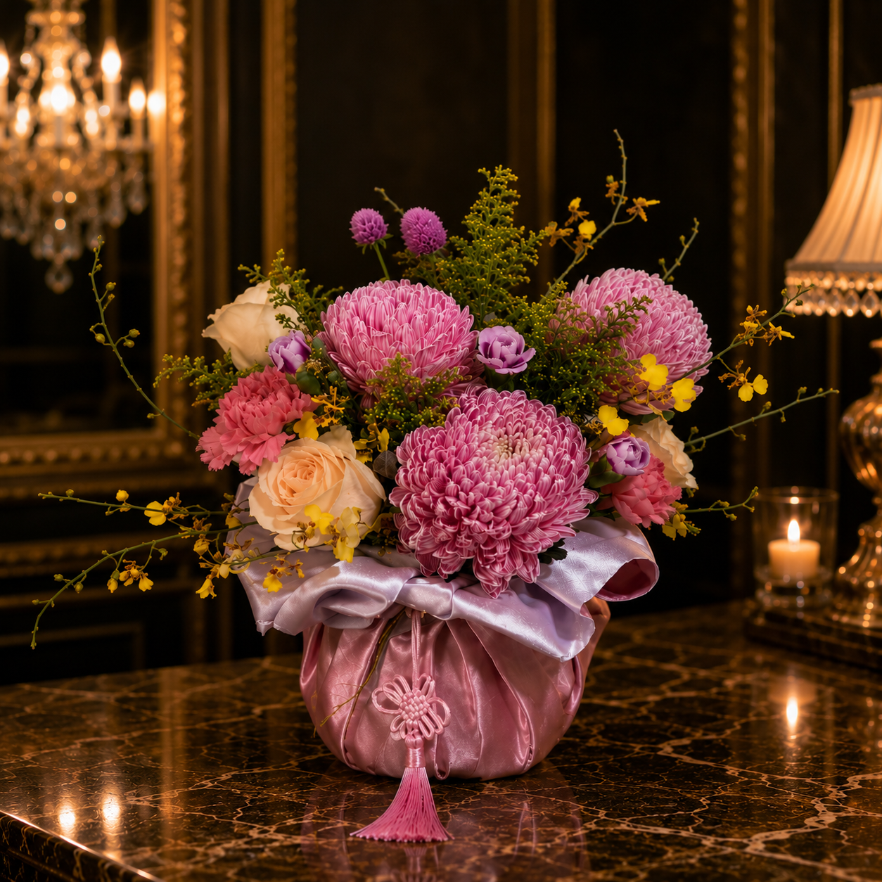 Silken Dawn (Chrysanthemums, Onicidiums, Roses) | Flower Vase Arrangement