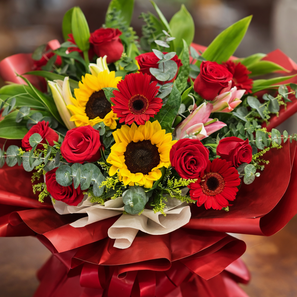 Crimson Solstice (Sunflowers, Roses, Gerberas) | Fresh Flower Bouquet