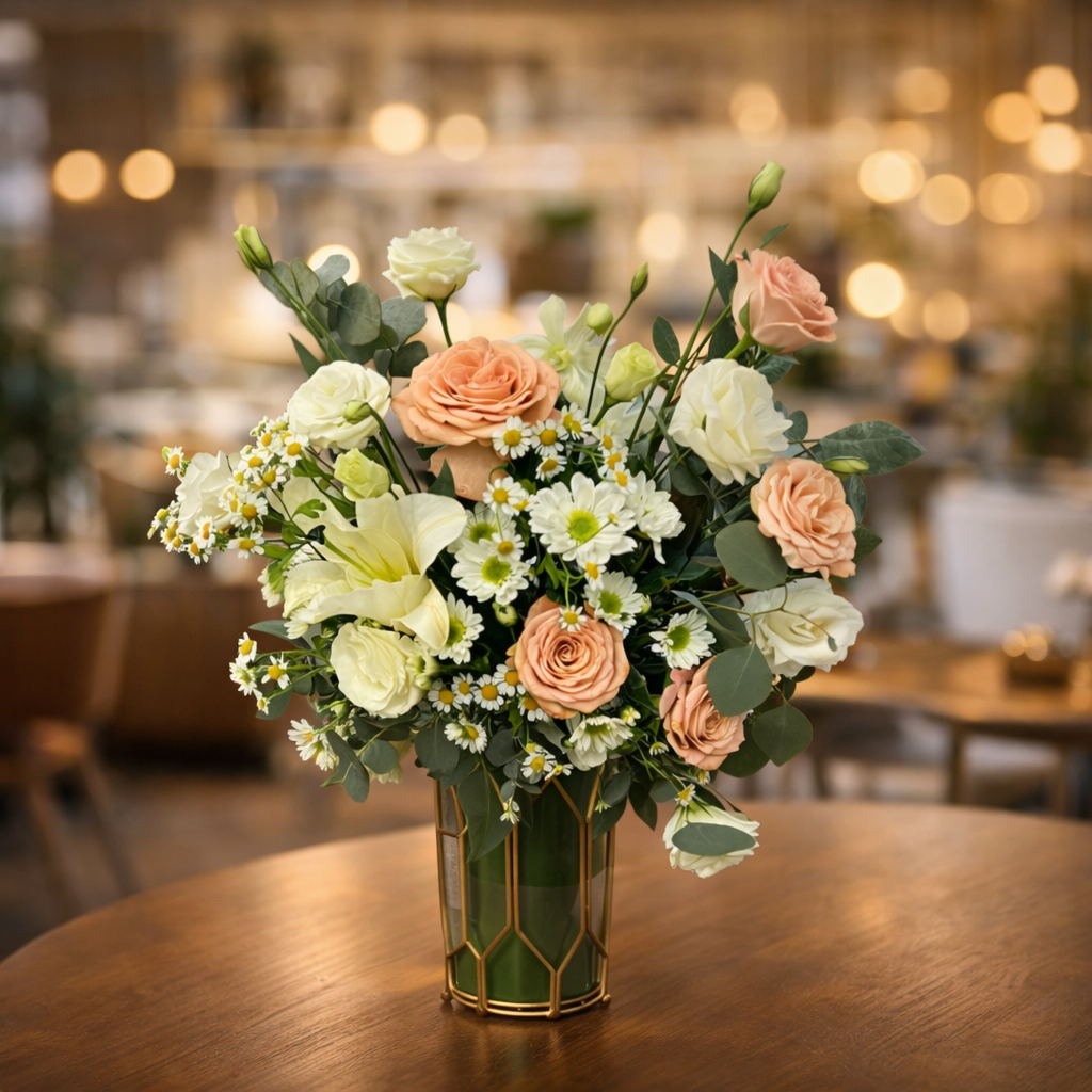 Peach Whisper (Pink Roses, White Lilies, White Gerberas, Chamomile) | Flowers in Vase