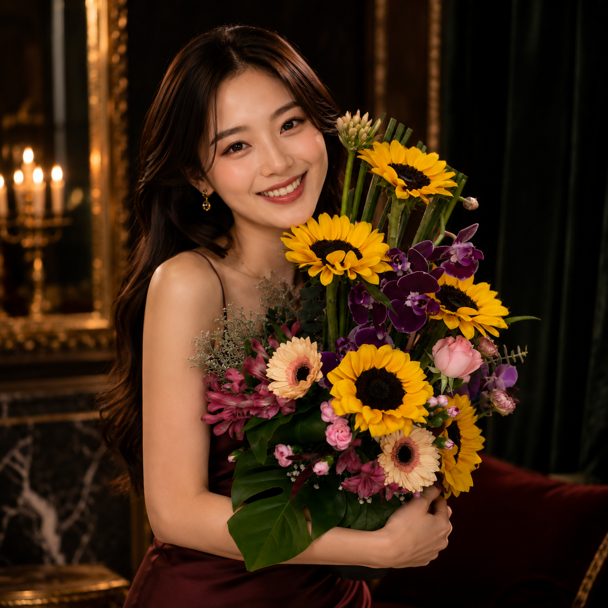 Golden Uplift (Sunflowers, Orchids) | Flowers in Vase