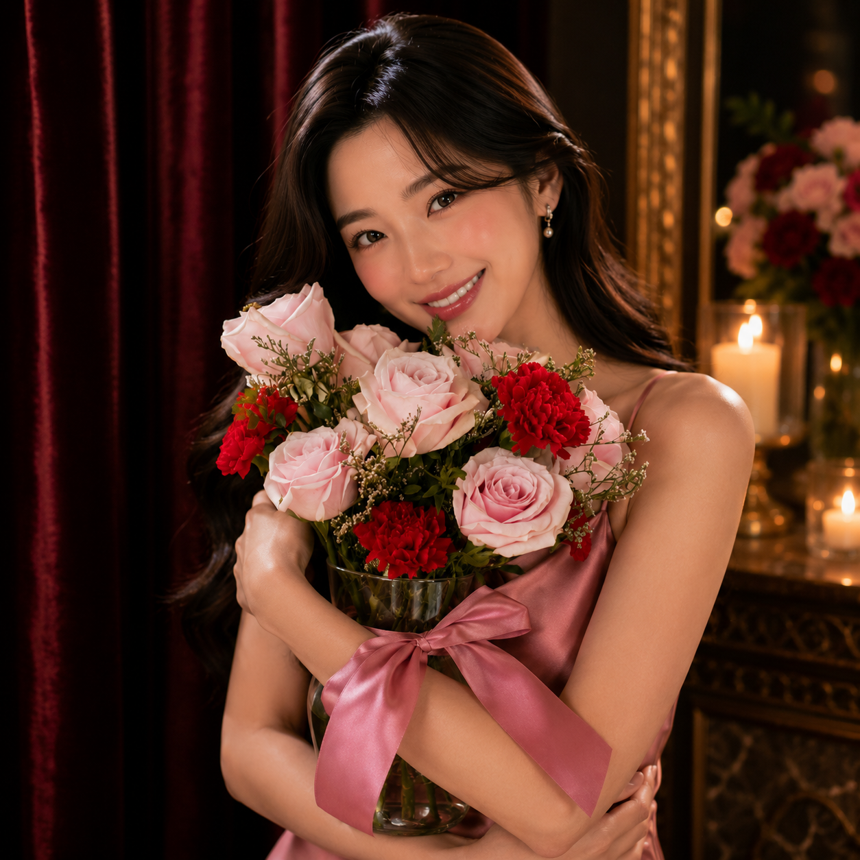 Blissmoor Kiss (Pink Roses, Lavender, Red Carnations) | Flower Vase Arrangement