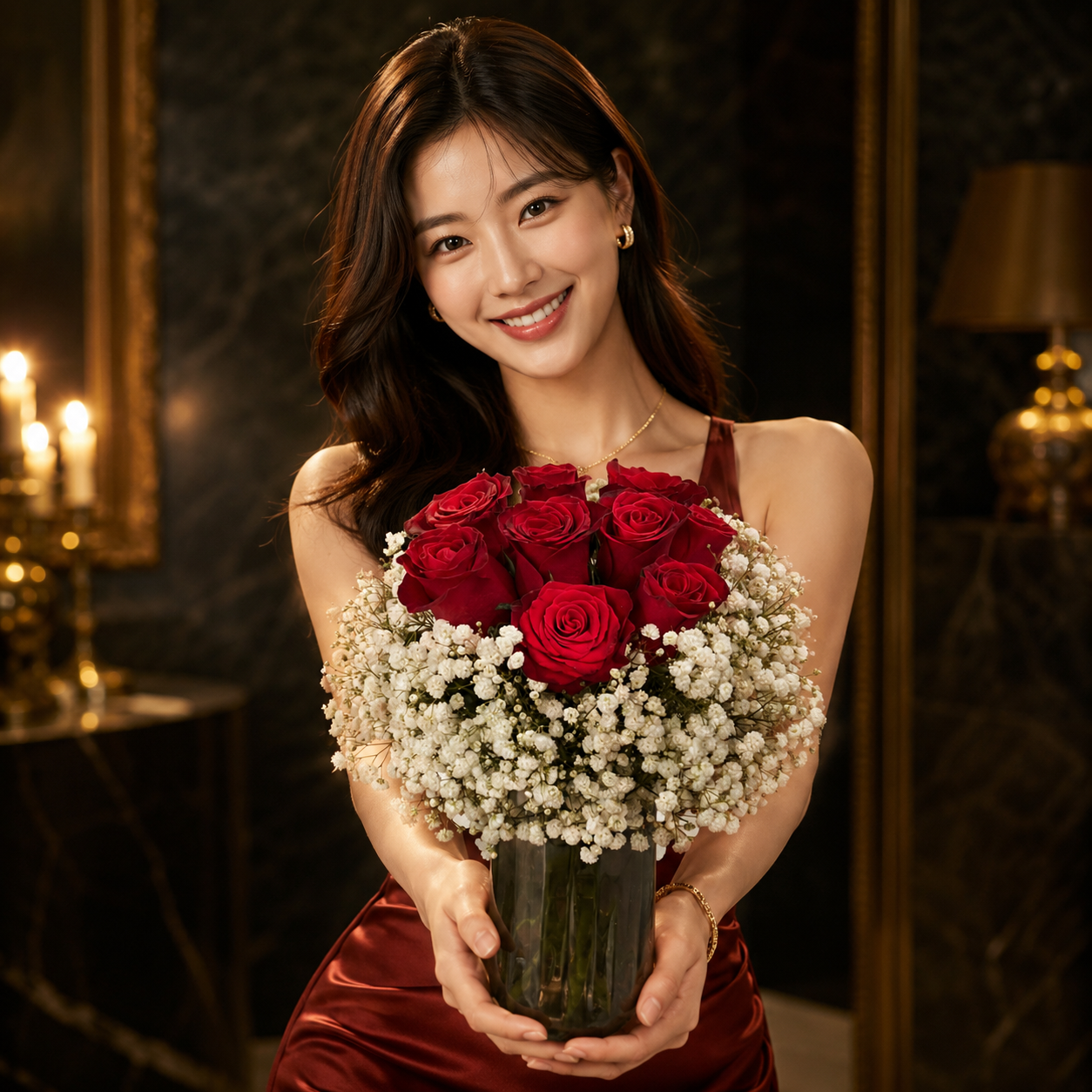 Velvet Charm (Red Roses, Baby's Breath) | Flower Vase Arrangement