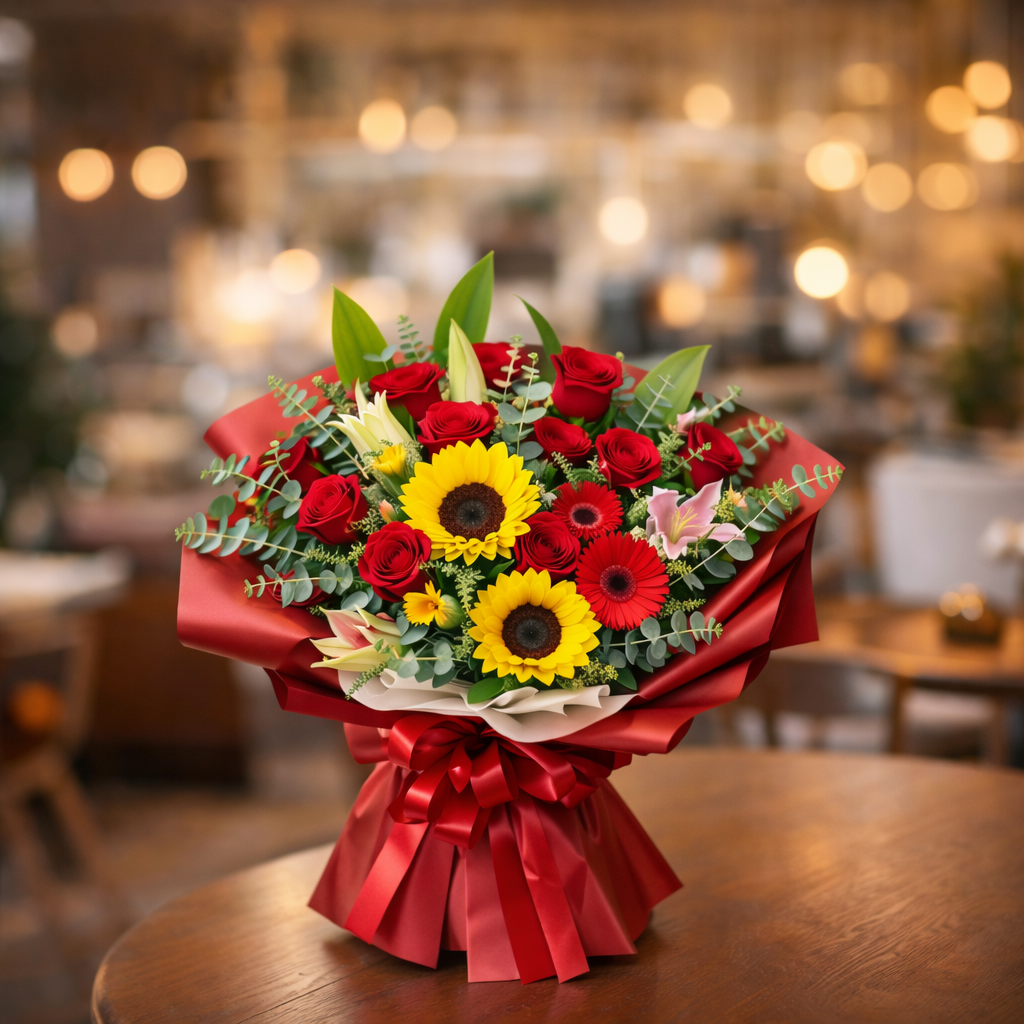 Crimson Solstice (Sunflowers, Roses, Gerberas) | Fresh Flower Bouquet