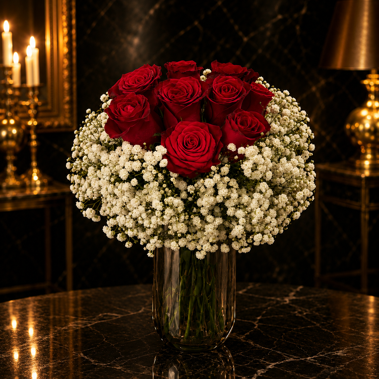 Velvet Charm (Red Roses, Baby's Breath) | Flower Vase Arrangement