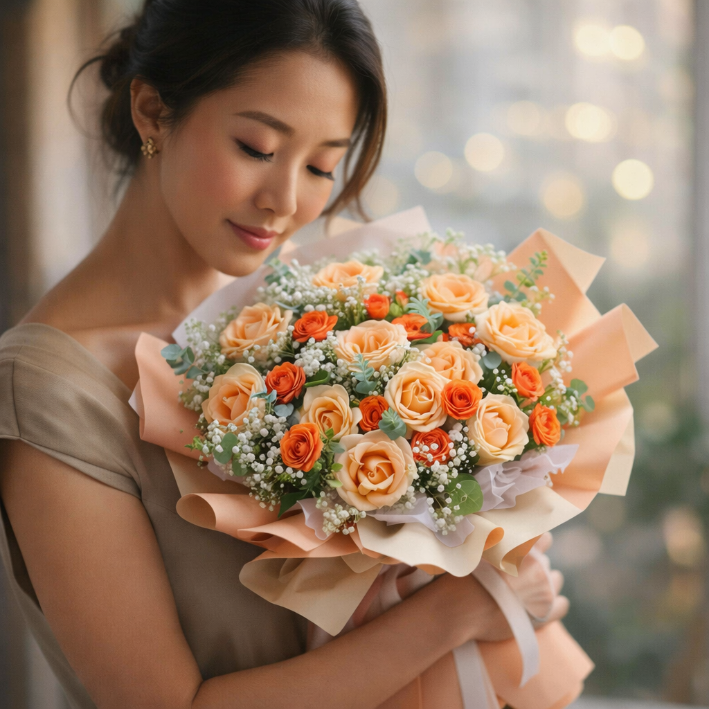 Apricot Éclair (Roses, Baby's Breath) | Fresh Bouquet