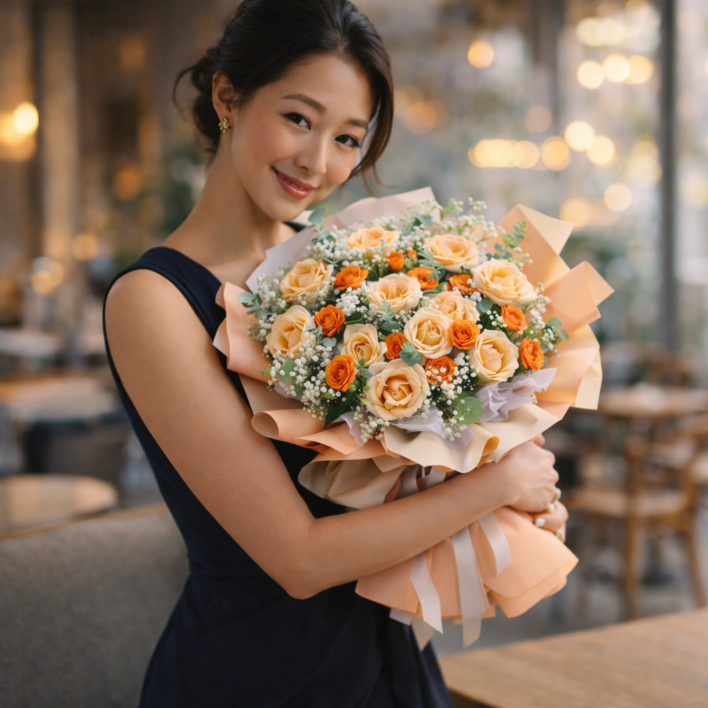 Apricot Éclair (Roses, Baby's Breath) | Fresh Bouquet