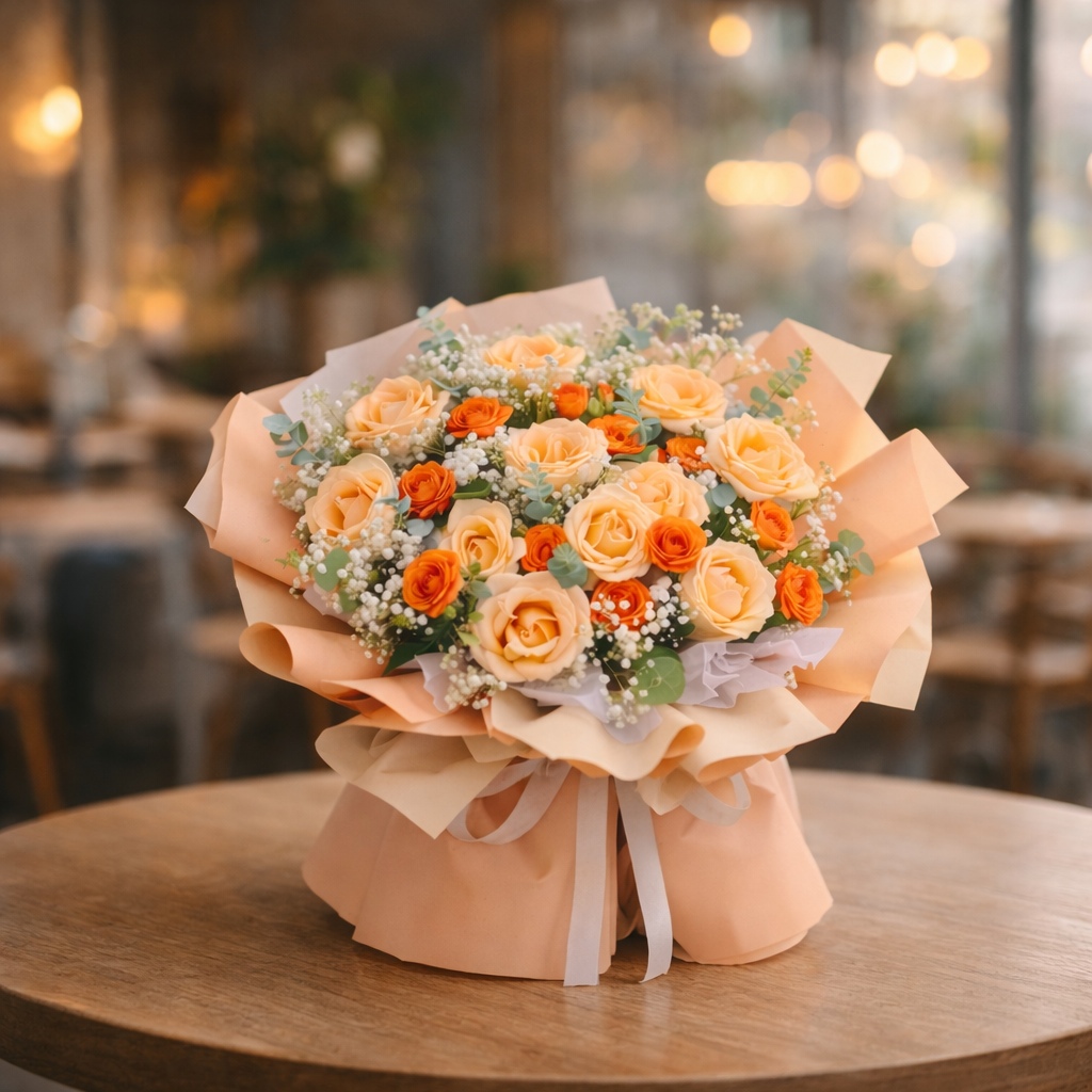 Apricot Éclair (Roses, Baby's Breath) | Fresh Bouquet