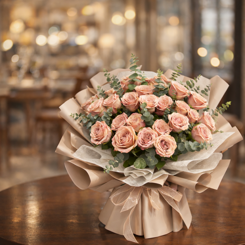 Apricot Waltz (Roses, Eucalyptus) | Fresh Flower Bouquet