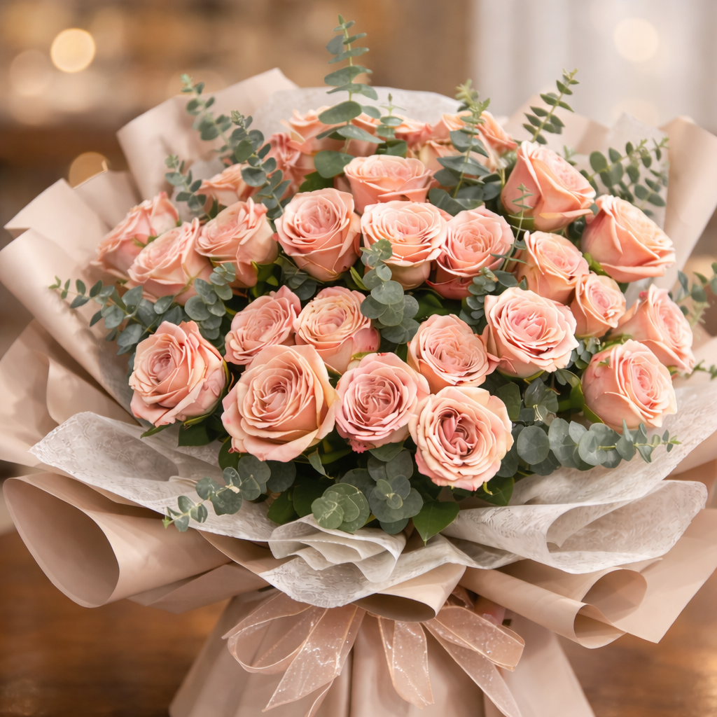 Apricot Waltz (Roses, Eucalyptus) | Fresh Flower Bouquet