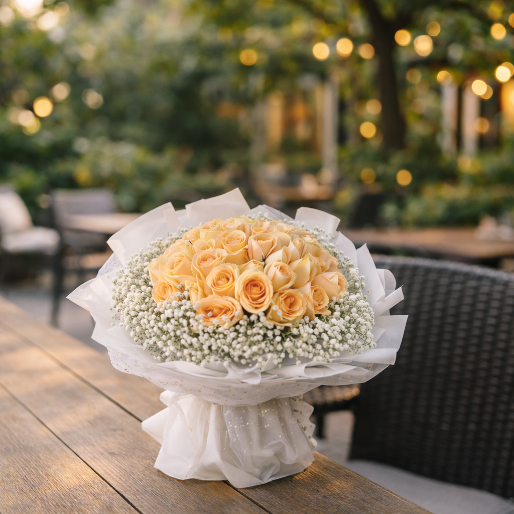 Apricot Grace (Roses, Baby's Breath) | Flower Bouquet
