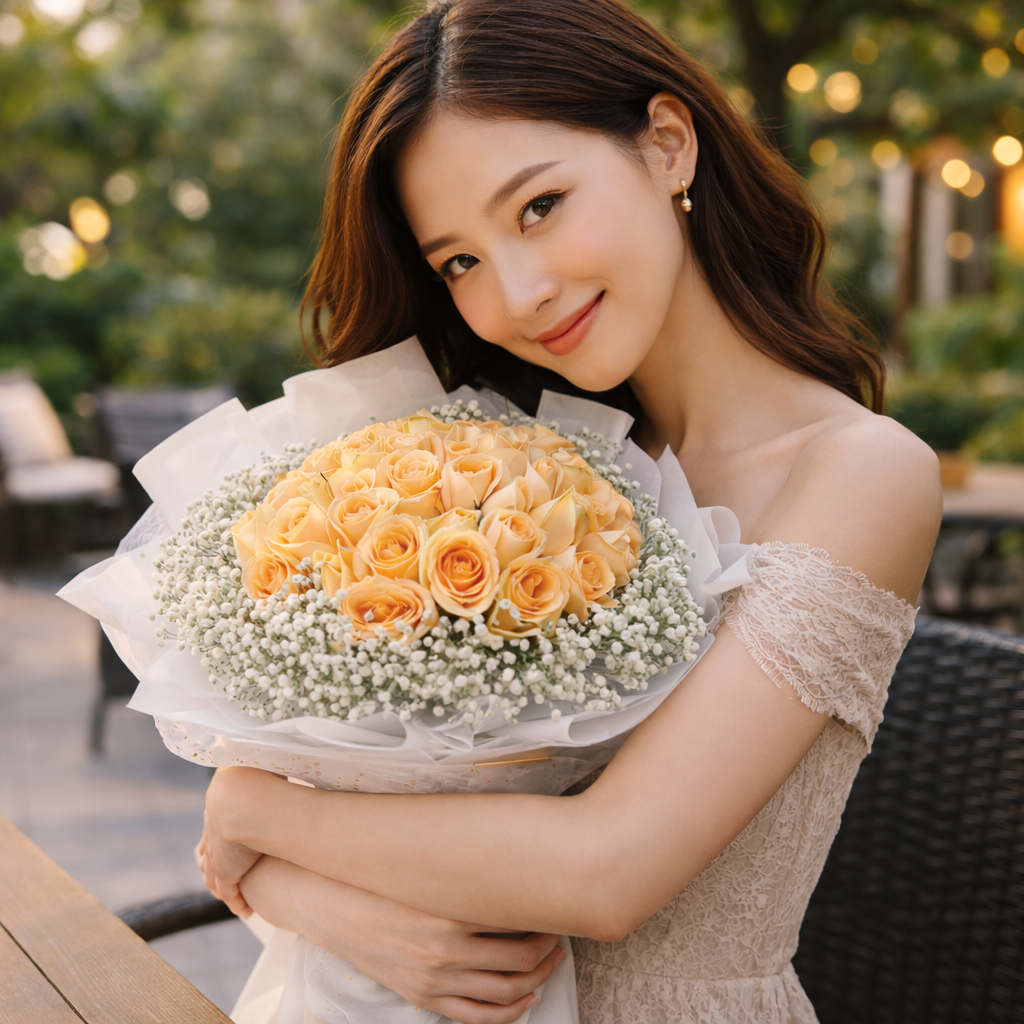 Apricot Grace (Roses, Baby's Breath) | Flower Bouquet