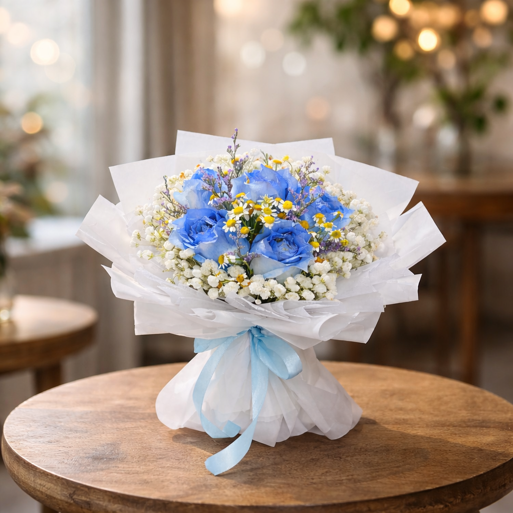 Azure Lullaby (Blue Roses, Baby’s Breath, Chamomile) | Fresh Flower Bouquet