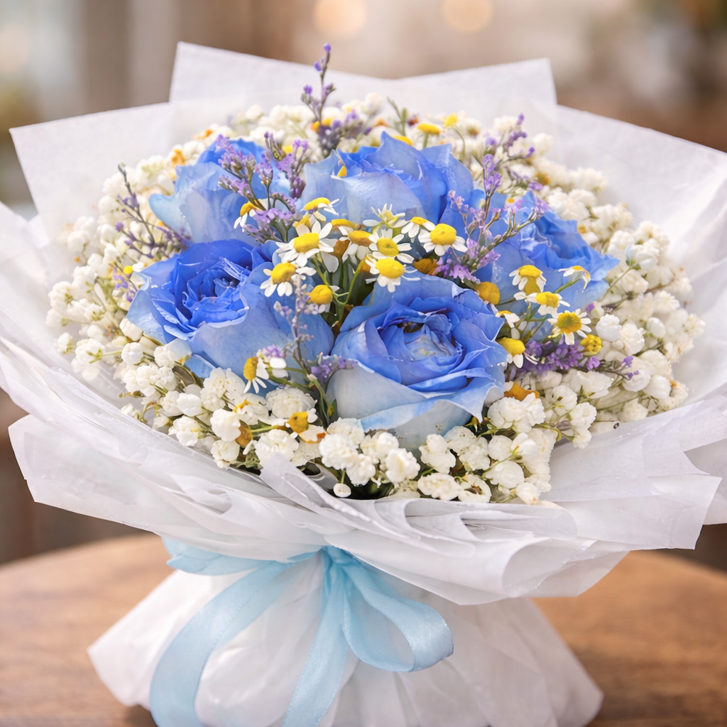 Azure Lullaby (Blue Roses, Baby’s Breath, Chamomile) | Fresh Flower Bouquet