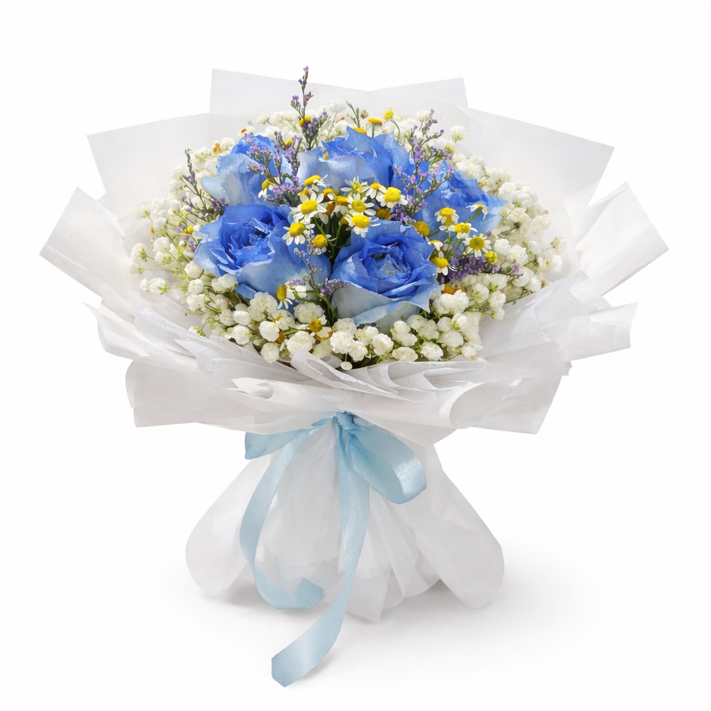 Azure Lullaby (Blue Roses, Baby’s Breath, Chamomile) | Fresh Flower Bouquet