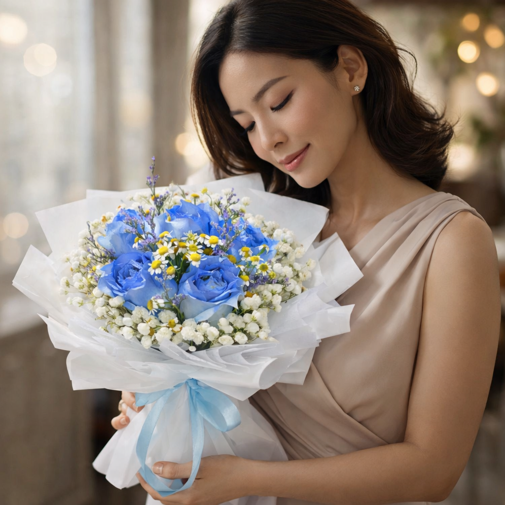 Azure Lullaby (Blue Roses, Baby’s Breath, Chamomile) | Fresh Flower Bouquet