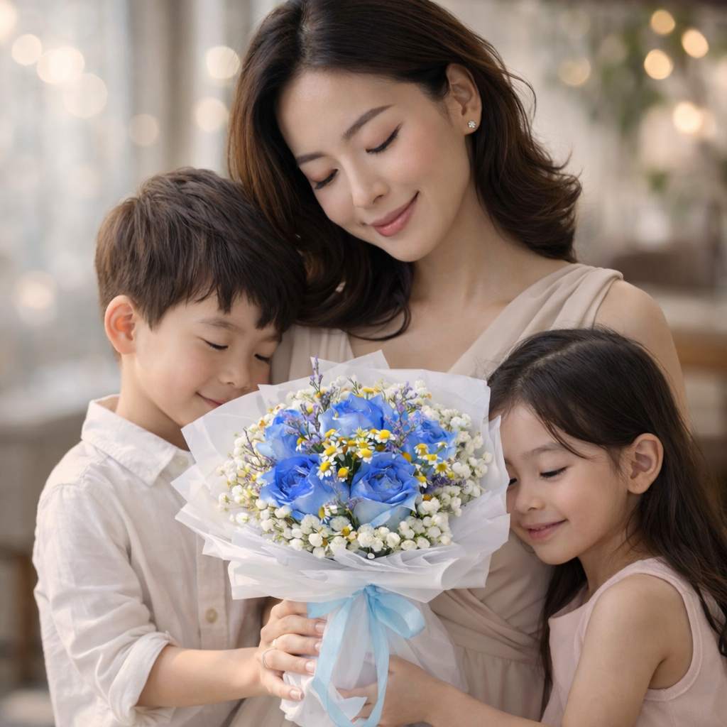 Azure Lullaby (Blue Roses, Baby’s Breath, Chamomile) | Fresh Flower Bouquet