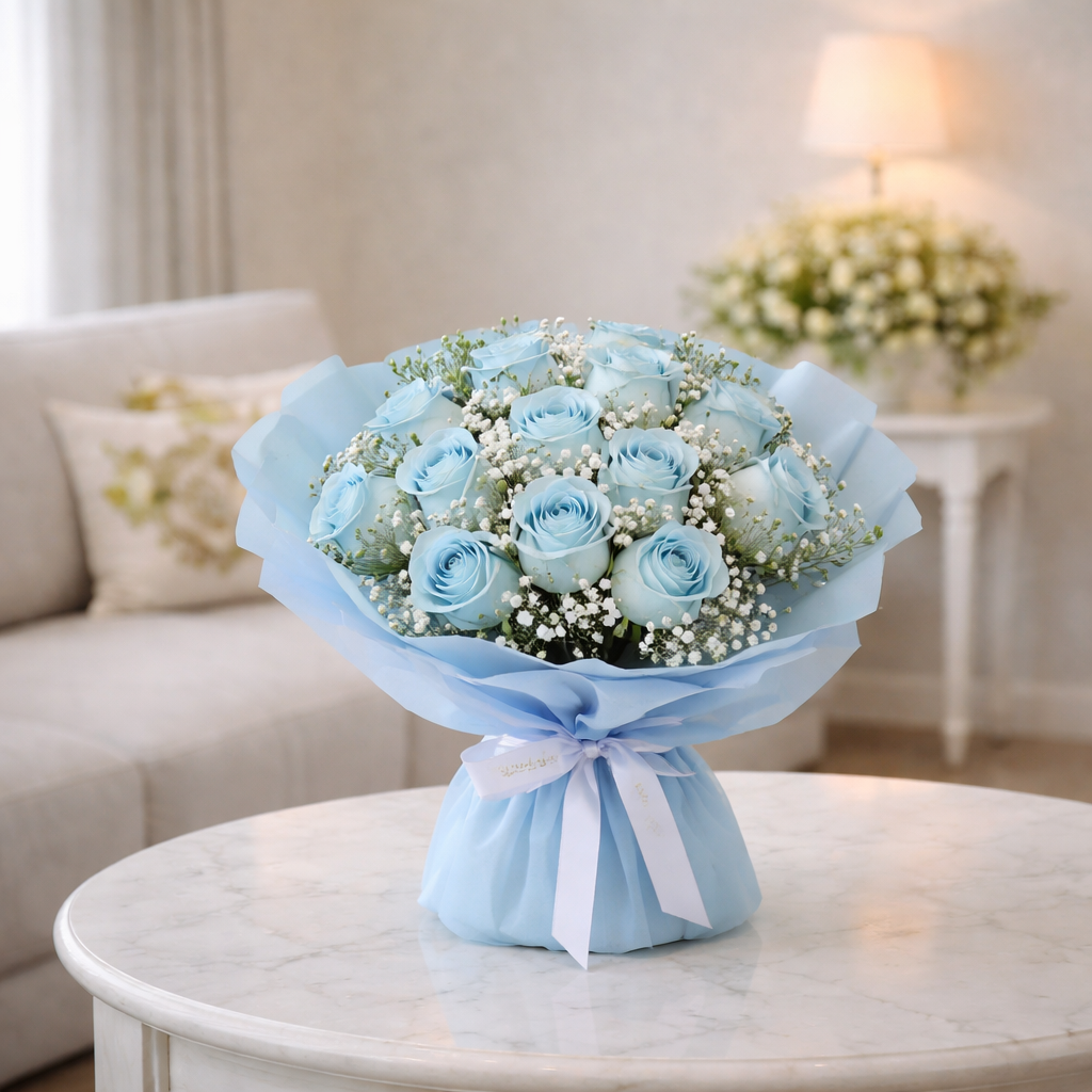 Azure Mirage (Blue Roses, Baby's Breath) | Fresh Bouquet