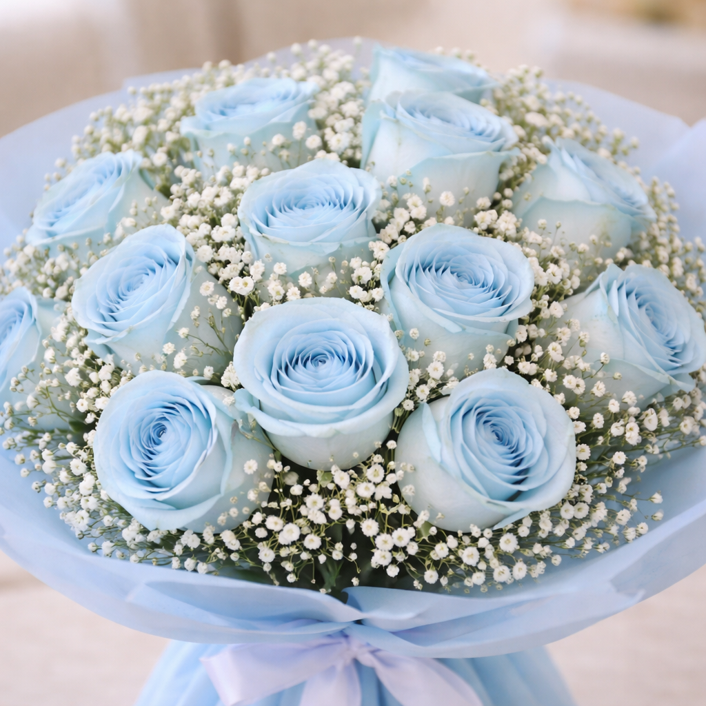 Azure Mirage (Blue Roses, Baby's Breath) | Fresh Bouquet