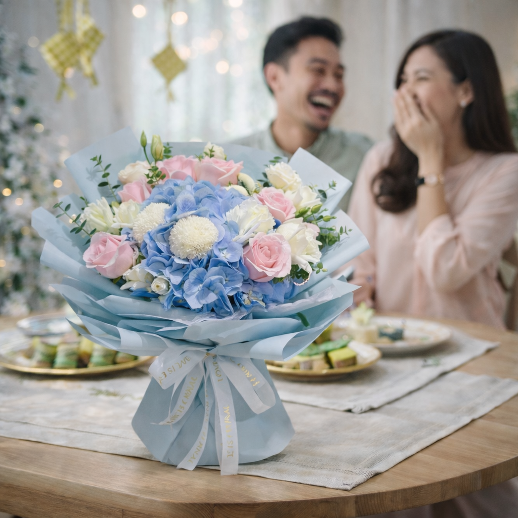 Azure Whisper (Hydrangeas, Roses, Chrysanthemum) | Flower Bouquet