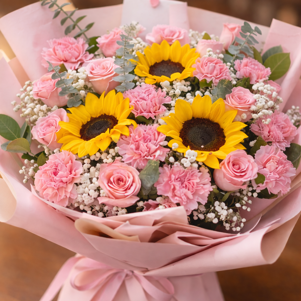 Blush Radiance (Sunflowers, Carnations, Baby's Breath) | Fresh Flower Bouquet