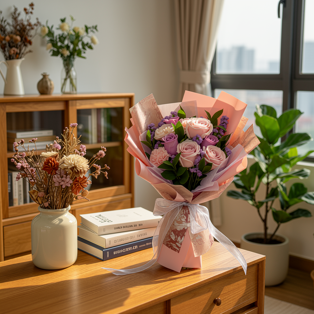 Blush Reverie (Roses, Carnations, Statice) | Flower Bouquet