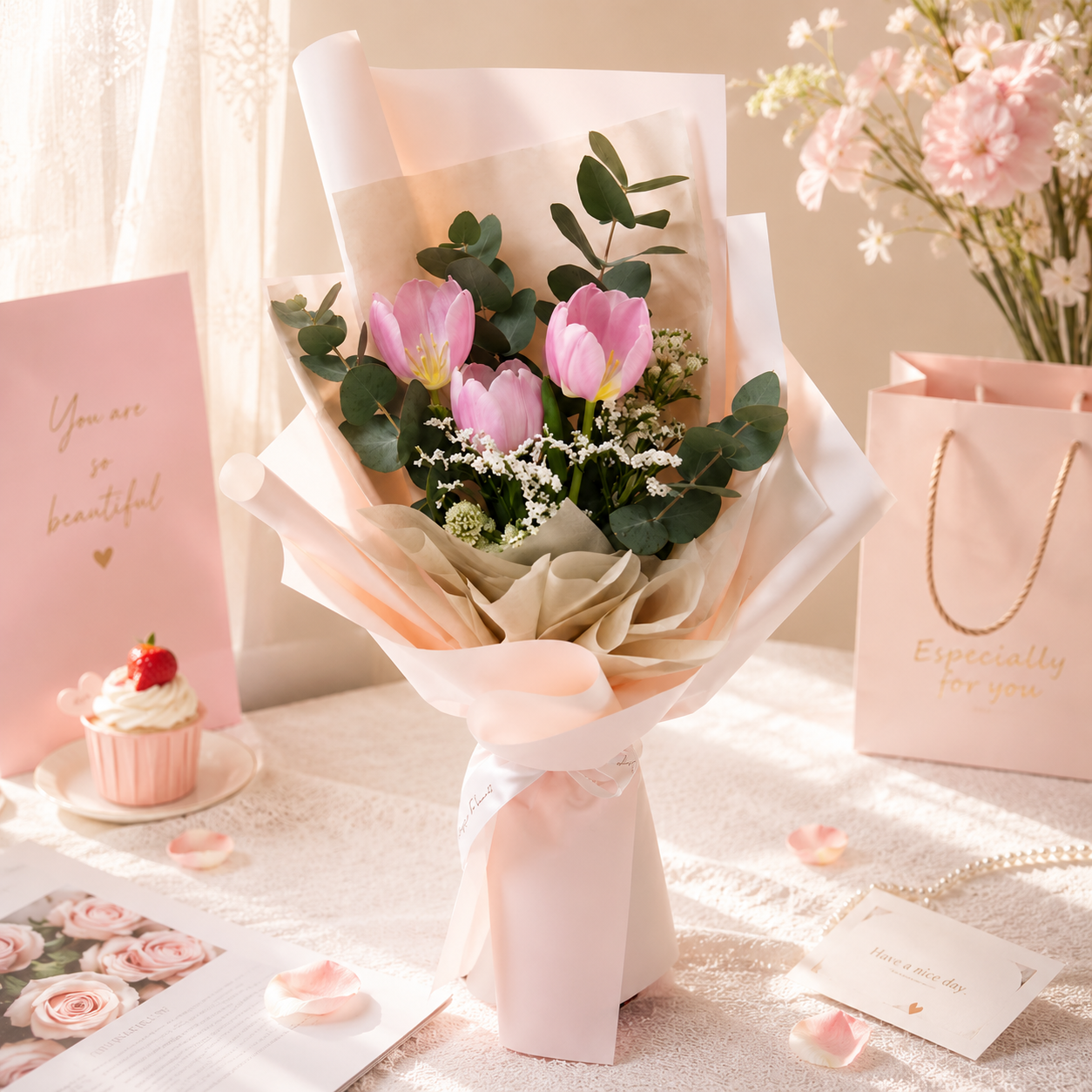 Blush Affair (Tulips, Baby's Breath) | Flower Bouquet