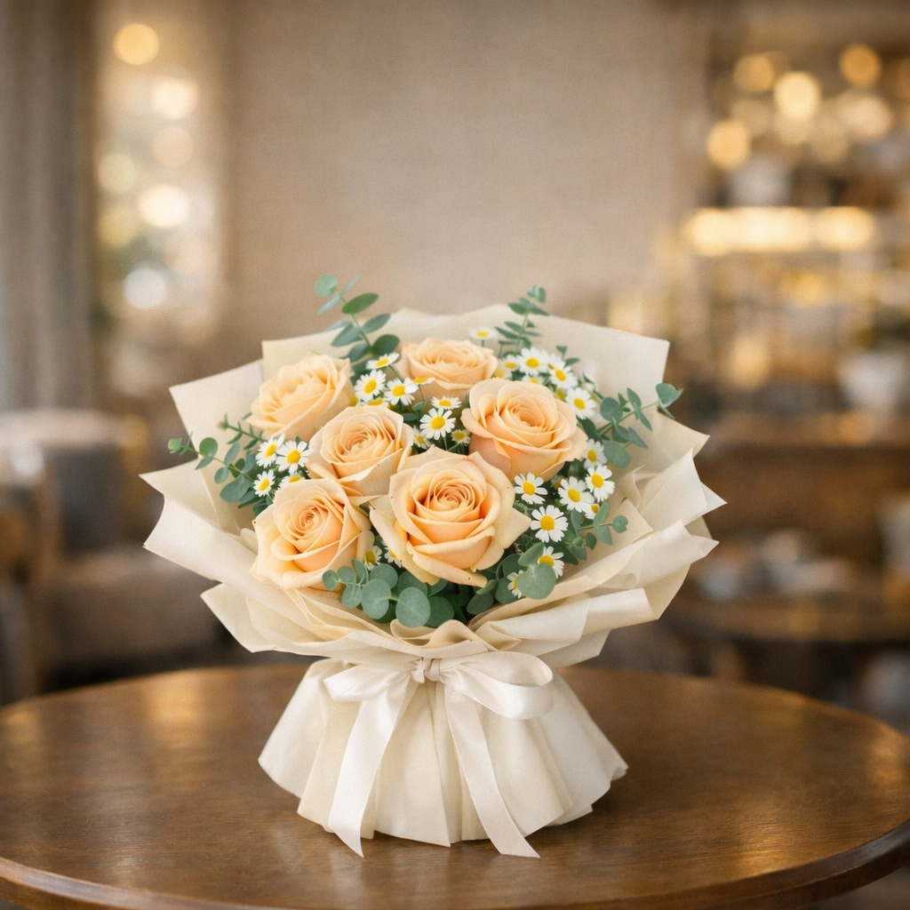 Champagne Whisper (Champagne Roses, Chamomile, Eucalyptus) | Fresh Flower Bouquet