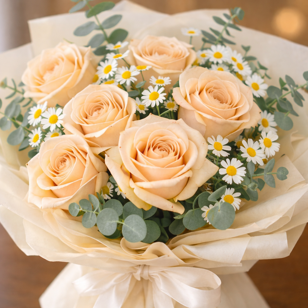 Champagne Whisper (Champagne Roses, Chamomile, Eucalyptus) | Fresh Flower Bouquet