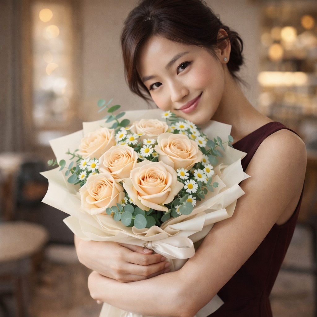 Champagne Whisper (Champagne Roses, Chamomile, Eucalyptus) | Fresh Flower Bouquet
